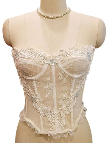 GLAMOROUS VINTAGE 1980S FANCY MERRY WIDOW FOUNDATION DOTTED SWISS FABRIC WITH GORGEOUS APPLIQUES AND BLUE ROSETTES SIZE 34 VINTAGE BUSTIER