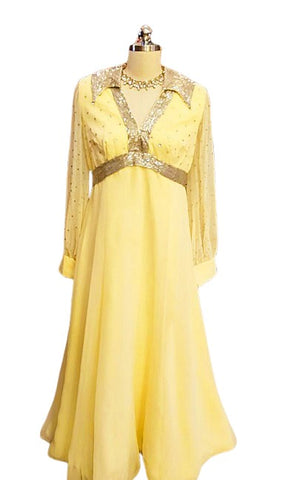 GLAMOROUS VINTAGE GRAND SWEEP EVENING GOWN ENCRUSTED WITH RHINESTONES & SILVER SHOT METAL ZIPPER IN LEMON DROP