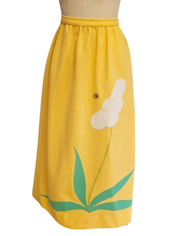 VINTAGE 1970s YELLOW TEXTURED MAXI SKIRT WITH FLOWER & BUMBLE BEE APPLIQUÉ – ONE OF A KIND RETRO SUMMER SKIRT