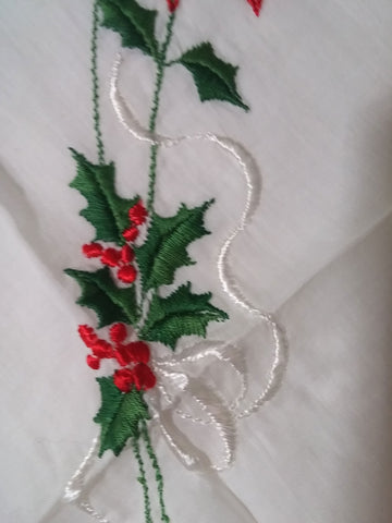 *VINTAGE UNIQUE '50s/ '60s SCALLOPED FLOCKED CHRISTMAS POINSETTIAS WITH HOLLY BERRY LEAVES HANDKERCHIEF