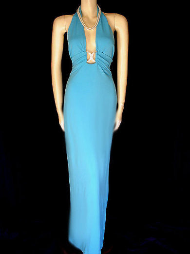 *CACHE GODDESS PLUNGING HALTER EVENING GOWN WITH RHINESTONES - BEAUTIFUL BACKLESS BACK *CACHE GODDESS PLUNGING HALTER EVENING GOWN WITH RHINESTONES - BEAUTIFUL BACKLESS BACK