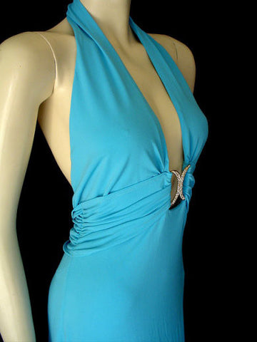 CACHE GODDESS PLUNGING HALTER EVENING GOWN WITH RHINESTONES - BEAUTIFUL BACKLESS BACK