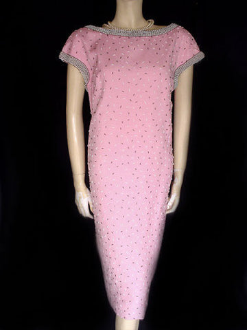 *VINTAGE '50s GENE SHELLY PINK & BLACK BEADED RAYON DRESS - MADE IN HONG KONG
