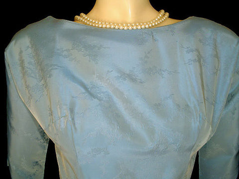 *VINTAGE TAFFETA PARTY COCKTAIL DRESS WITH SPARKLING RHINESTONE BOW & METAL ZIPPER IN HEAVENLY BLUE