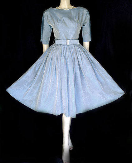 *VINTAGE TAFFETA PARTY COCKTAIL DRESS WITH SPARKLING RHINESTONE BOW & METAL ZIPPER IN HEAVENLY BLUE *VINTAGE TAFFETA PARTY COCKTAIL DRESS WITH SPARKLING RHINESTONE BOW & METAL ZIPPER IN HEAVENLY BLUE