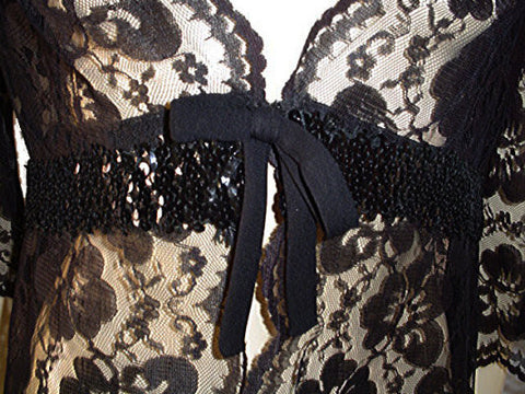 VINTAGE BLACK ALL LACE PEIGNOIR SPARKLING SEQUINS WITH BOW