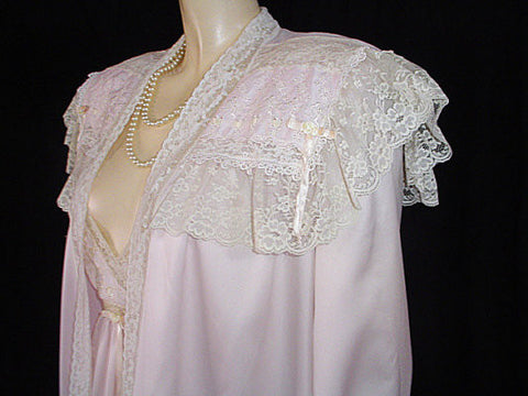 *FROM MY OWN PERSONAL COLLECTION - GORGEOUS VINTAGE VICTORIAN LOOK CHRISTIAN DIOR LACE PEIGNOIR & NIGHTGOWN SET DRIPPING WITH VINTAGE LACE, SATIN RIBBONS  & EMBROIDERY IN DUSTING POWDER - EXTRA LONG