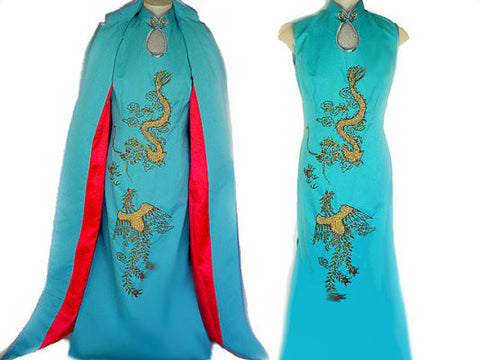 * VINTAGE ASIAN BEADED DRAGON EVENING GOWN & COAT SET WITH METAL ZIPPER & HAND STITCHING