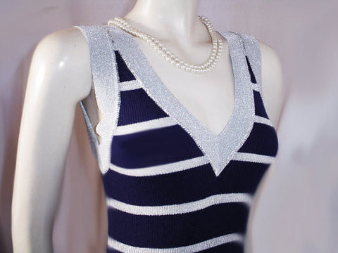 *GLAMOROUS VINTAGE 1960s SPARKLING SILVER LUREX LAME & NAVY KNIT EVENING GOWN