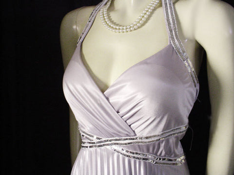 GODDESS LOOK MASQUERADE SILVER PLEATED SEQUIN GRECIAN GODDESS HALTER EVENING GOWN - NEW WITH TAG - PERFECT FOR NEW YEAR'S EVE