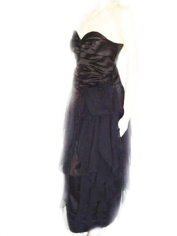 *VINTAGE 50s SWEETHEART BLACK SATIN & CHIFFON STRAPLESS EVENING GOWN WITH METAL ZIPPER