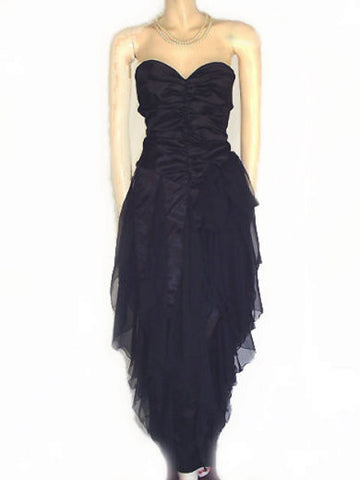 *VINTAGE 50s SWEETHEART BLACK SATIN & CHIFFON STRAPLESS EVENING GOWN WITH METAL ZIPPER