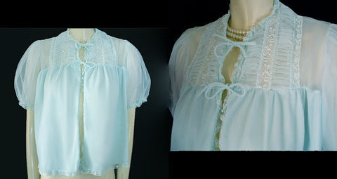 VINTAGE SNOWDEN BLUE PLEATED LACE RUFFLE BED JACKET - SIZE MEDIUM