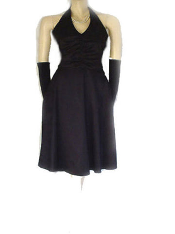 *VINTAGE DONNA RICCO HALTER SPANDX RUCHED COCKTAIL DRESS WITH RHINESTONE BUTTON