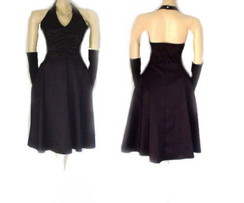 *VINTAGE DONNA RICCO HALTER SPANDX RUCHED COCKTAIL DRESS WITH RHINESTONE BUTTON