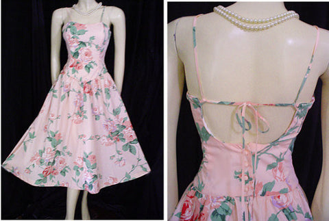 VINTAGE SUNSHINE STARSHINE NEARLY STRAPLESS PARTY DRESS WITH A GREAT LACED BACK IN CHINA ROSE
