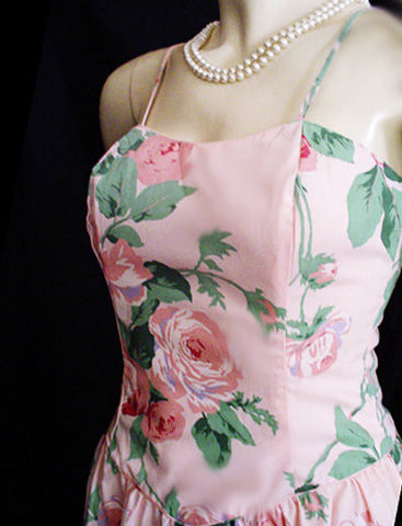 VINTAGE SUNSHINE STARSHINE NEARLY STRAPLESS PARTY DRESS WITH A GREAT LACED BACK IN CHINA ROSE