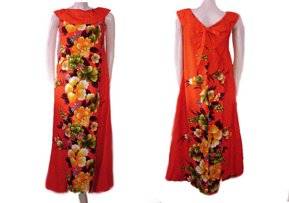 *VINTAGE '50s / '60s HAWAIIAN HIBISCUS DRESS WITH HUGE COLLAR & BOW - GORGEOUS PRINT *VINTAGE '50s / '60s HAWAIIAN HIBISCUS DRESS WITH HUGE COLLAR & BOW - GORGEOUS PRINT