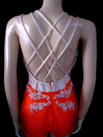 GLAMOROUS VINTAGE WATER GODDESS APPLIQUE SWIMSUIT WITH A FABULOUS BACK IN ORANGE CRUSH