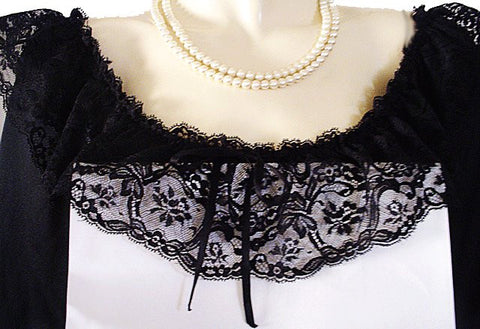 *EXQUISITE RARE, RARE STYLE VINTAGE OLGA SPANDEX FLOUNCE LACE NIGHTGOWN WITH SLEEVES IN PARIS NIGHTS