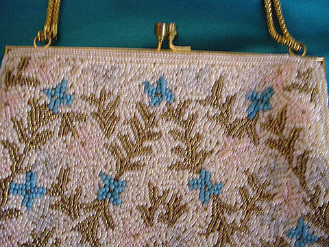*VINTAGE DELILL HAND MADE HONG KONG EVENING BAG - BRONZE, TURQUOISE, PINK, AQUA & WHITE  FLORAL & LEAF DESIGN - FROM MY PERSONAL COLLECTION