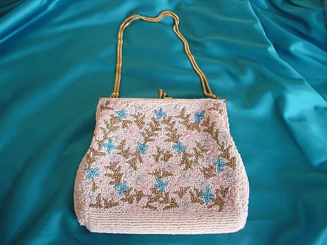 Vintage 1950s Beaded Evening Bag with Diamante Clasp France