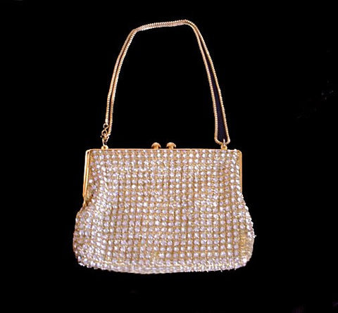* FROM MY OWN PERSONAL COLLECTION - BEAUTIFUL SPARKLING VINTAGE RHINESTONE & GOLD EVENING BAG WITH A HUGE RHINESTONE CLASP - HAND MADE IN HONG KONG