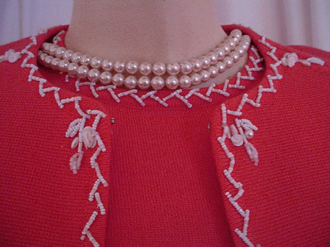 *VINTAGE BEZET 3-PC BEADED, SEQUIN & PEARL KNIT SUIT MADE IN HONG KONG IN CORAL