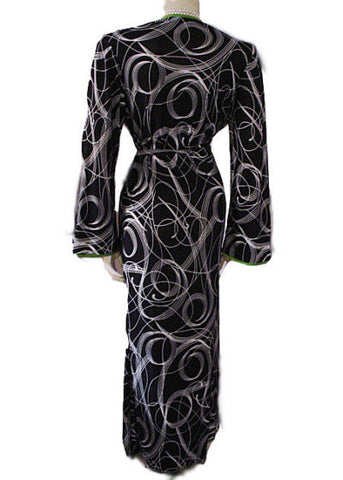 NEW - DIAMOND TEA SPRING & SUMMER SPANDEX WRAP-STYLE ROBE IN BLACK & WHITE SWIRL DESIGN WITH LUCITE GREEN TRIM