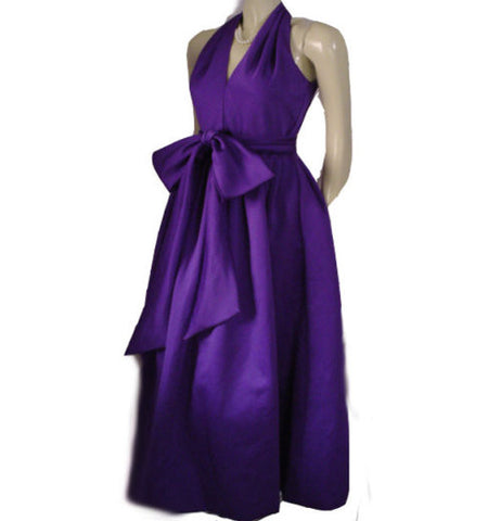 *GORGEOUS VINTAGE A.J. BARI PEAU DE SOIE HALTER EVENING GOWN ADORNED WITH A HUGE 10 FOOT SASH & BOW IN AMETHYST