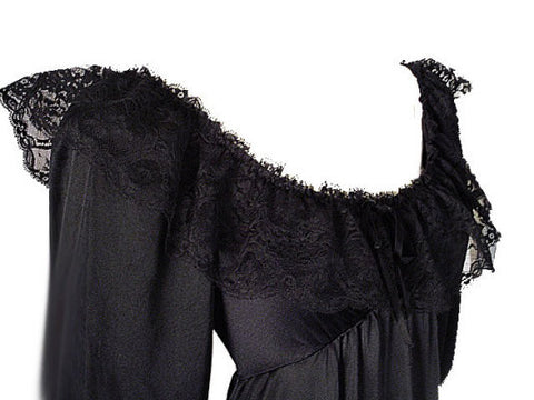 *EXQUISITE RARE, RARE STYLE VINTAGE OLGA SPANDEX FLOUNCE LACE NIGHTGOWN WITH SLEEVES IN PARIS NIGHTS