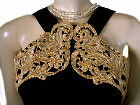 *VINTAGE '80s SCOTT McCLINTOCK SPARKLING GOLD METALLIC LACE HALTER-LOOK BLACK VELVET EVENING GOWN