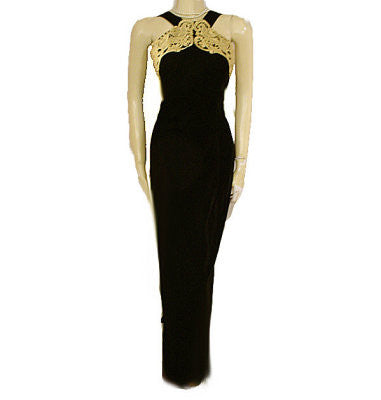 *VINTAGE '80s SCOTT McCLINTOCK SPARKLING GOLD METALLIC LACE HALTER-LOOK BLACK VELVET EVENING GOWN