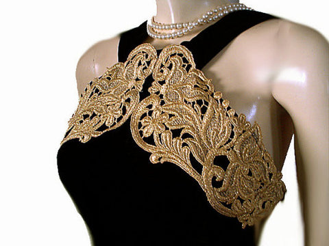 *VINTAGE '80s SCOTT McCLINTOCK SPARKLING GOLD METALLIC LACE HALTER-LOOK BLACK VELVET EVENING GOWN