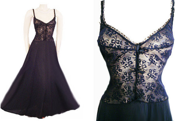 *VINTAGE OLGA RARE STYLE ALL LACE SPANDEX LACE BODICE WITH BOWS NIGHTGOWN IN MIDNIGHT SORCERER - SIZE LARGE
