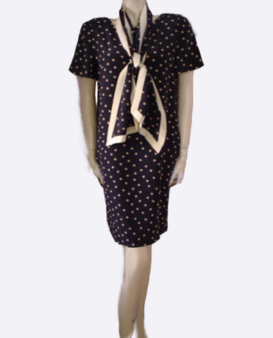 *  VINTAGE NIPON BOUTIQUE DOTTED BLACK SILK DRESS WITH MATCHING SCARF