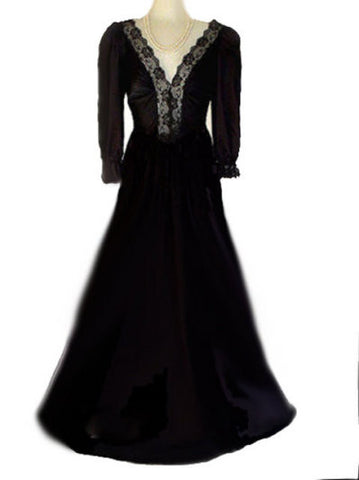 *RARE STYLE VINTAGE LADY CAMEO DALLAS OLGA-LOOK SPANDEX LACE NIGHTGOWN WITH SLEEVES IN BLACK PEARL- EXTRA LONG 54" - 55"