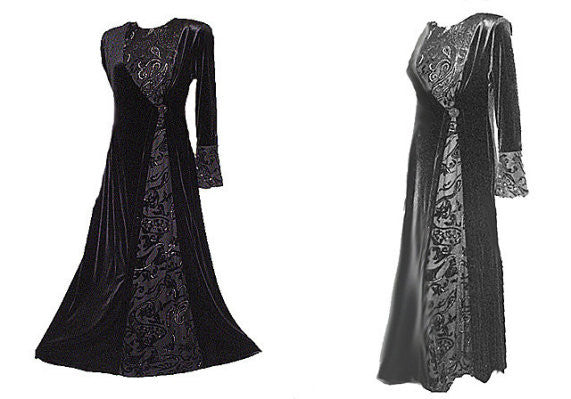 NEW WITH TAG - FROM MY OWN PERSONAL COLLECTION - FABULOUS VICTORIAN-LOOK VELVETY EVENING GOWN / DRESSING GOWN ADORNED WITH SPARKLING SILVER BURNOUT FABRIC