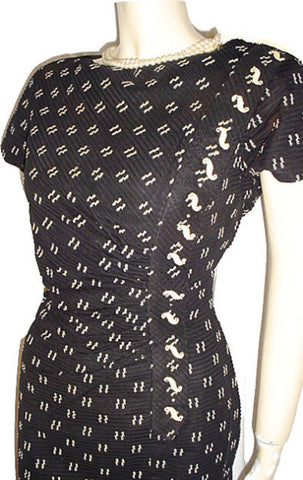 *FROM MY OWN PERSONAL COLLECTION - FABULOUS VINTAGE BLACK & BEIGE RUCHED RHINESTONE EVENING COCKTAIL DRESS WITH METAL ZIPPER