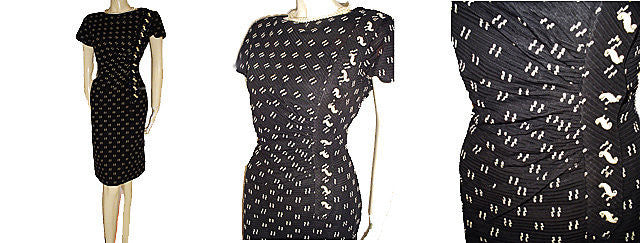 *FROM MY OWN PERSONAL COLLECTION - FABULOUS VINTAGE BLACK & BEIGE RUCHED RHINESTONE EVENING COCKTAIL DRESS WITH METAL ZIPPER