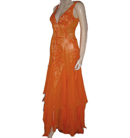 LA FEMME PARIS SPARKLING BEADED SILK EVENING GOWN WITH FABULOUS SHEER SIDES & BACK IN EXOTIC MANDARIN