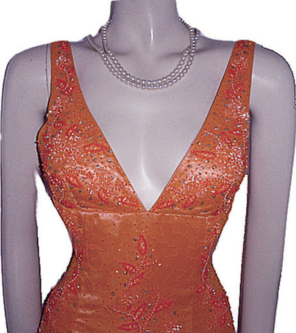 LA FEMME PARIS SPARKLING BEADED SILK EVENING GOWN WITH FABULOUS SHEER SIDES & BACK IN EXOTIC MANDARIN