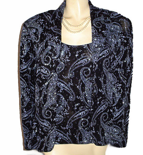 *GORGEOUS SPARKLING ALEX EVENINGS BLUE METALLIC & BLACK 2-PIECE JACKET & SHELL SET  - PERFECT FOR THE HOLIDAYS