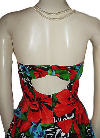 *VINTAGE A. J. BARI  STRAPLESS PARTY DRESS WITH CUT-OUT BACK WITH BOW ADORNED WITH RED ORCHIDS & TURQUOISE PLUMERIA