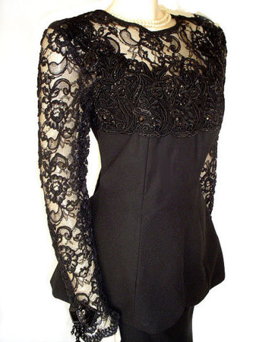 *NEW - ELEGANT  VINTAGE CHIARISSE 2-PIECE CHANTILLY LACE CREPE SWEETHEART NECKLINE EVENING GOWN ADORNED WITH APPLIQUES, SEQUINS, HANGING BEADS - SIZE LARGE - NEW WITH TAG $590
