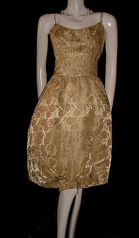 VINTAGE ‘50s GOLD BROCADE PARTY DRESS ADORNED WITH ROSES & BOW WITH ATTACHED CRINOLINE & METAL ZIPPER