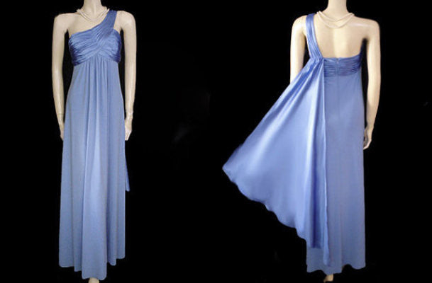 FABULOUS GRECIAN GODDESS RUCHED SATIN & SPANDEX ONE-SHOULDER EVENING Vintage Clothing & Fashions | Midnight Glamour FABULOUS GRECIAN GODDESS RUCHED SATIN & SPANDEX ONE-SHOULDER EVENING Vintage Clothing & Fashions | Midnight Glamour