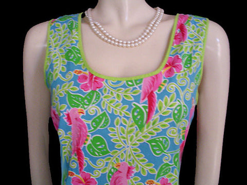 *ADORABLE SUMMER HOT PINK & LIME COTTON & SPANDEX SPARKLING SEQUINS  & BEADED COCKATOO PARROT DRESS - SIZE XL