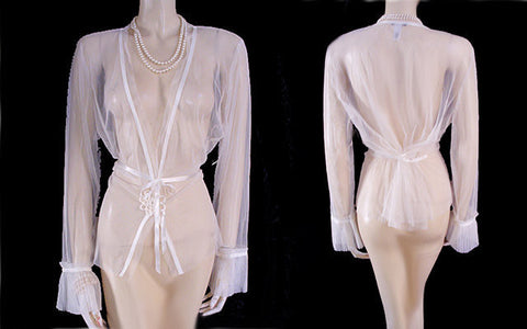 LOVELY FEMININE DELICATES SHEER IVORY OFF WHITE MESH PLEATED BED JACKET WITH SATIN APPLIQUE - SIZE EXTRA LARGE - NEW WITH TAG