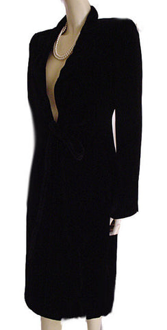 EMPORIO GIORGIO ARMANI BLACK VELVET DRAPED COAT WITH TIE - DIAGONAL FLAP DETAIL FRONT